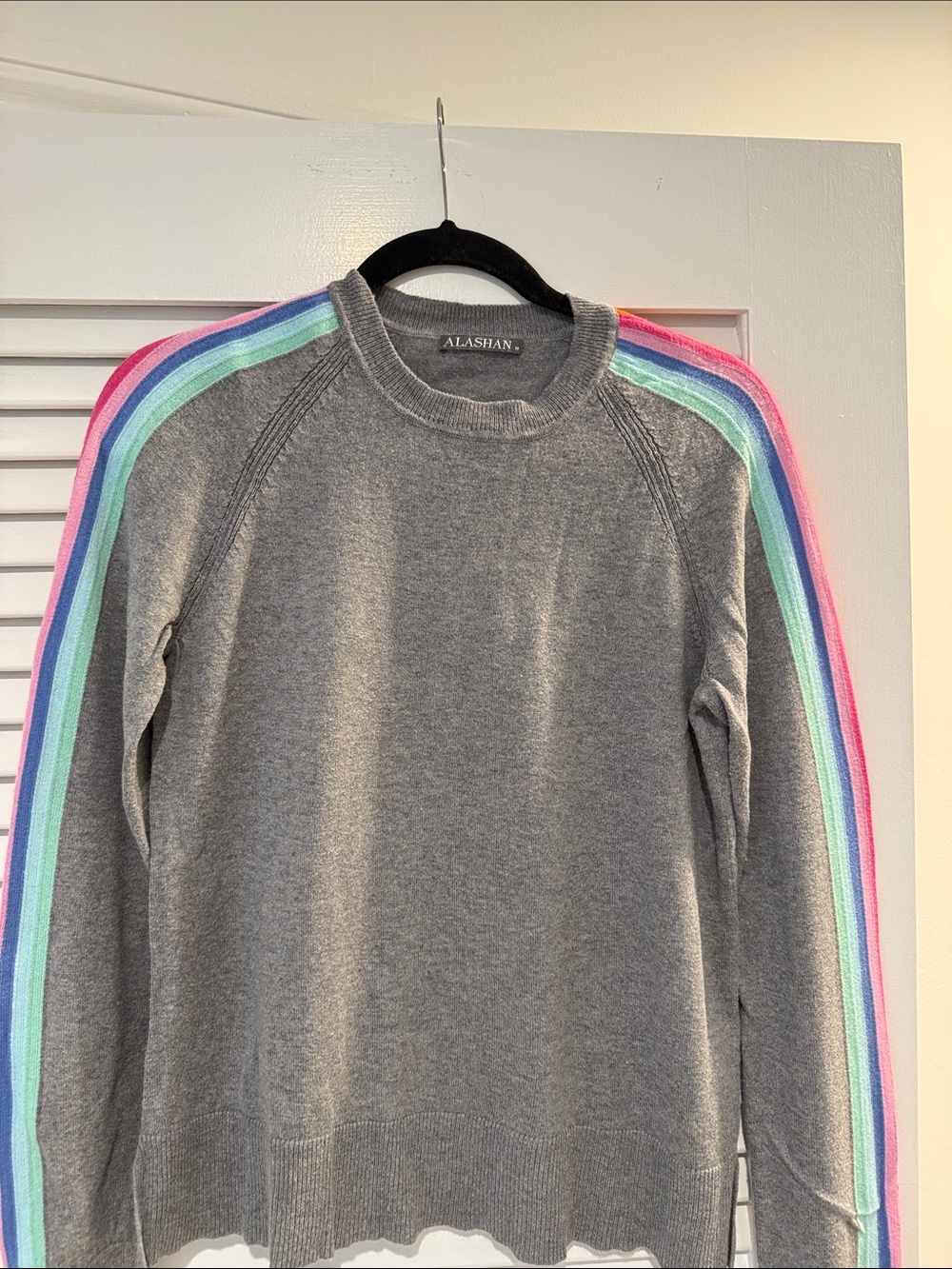 ALASHAN Women's Gray Crewneck Sweater with Rainbow Shoulder Stripes
